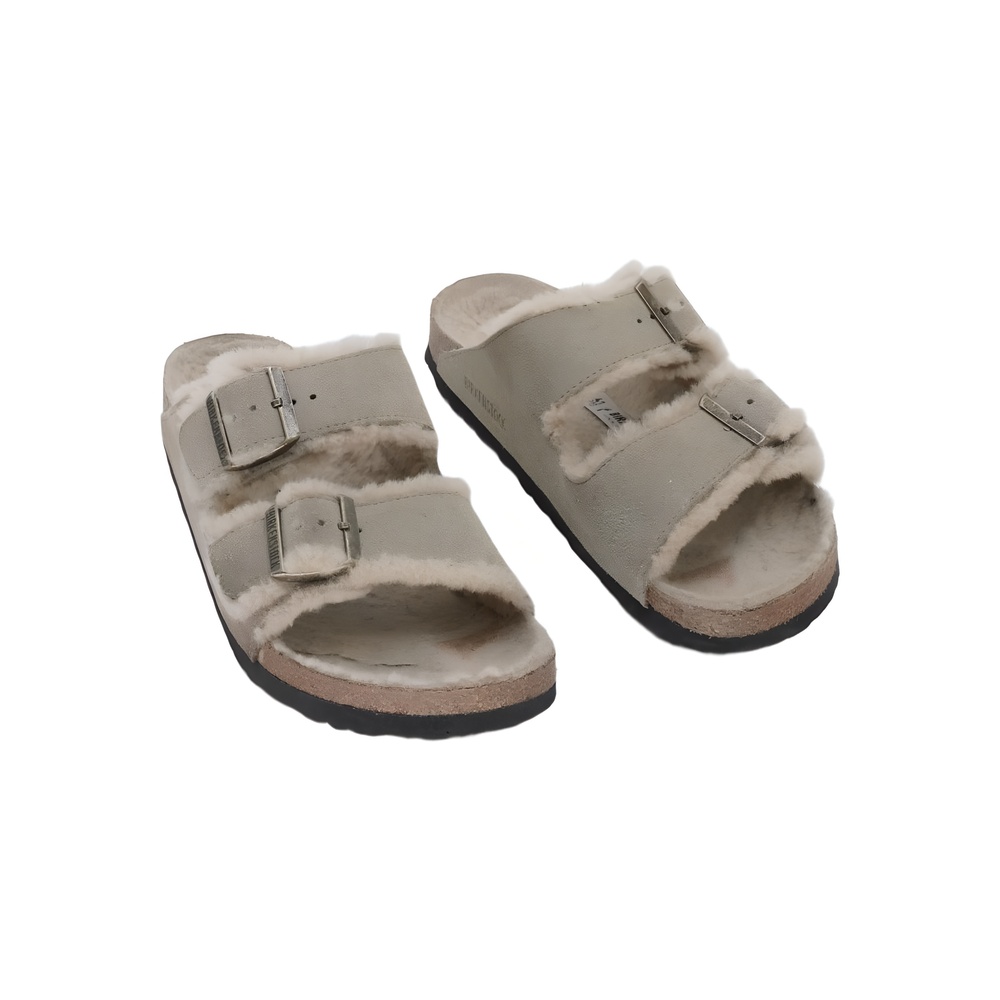 Birkenstock Arizona Shearling Two-Strap Sandals Taupe Size 10